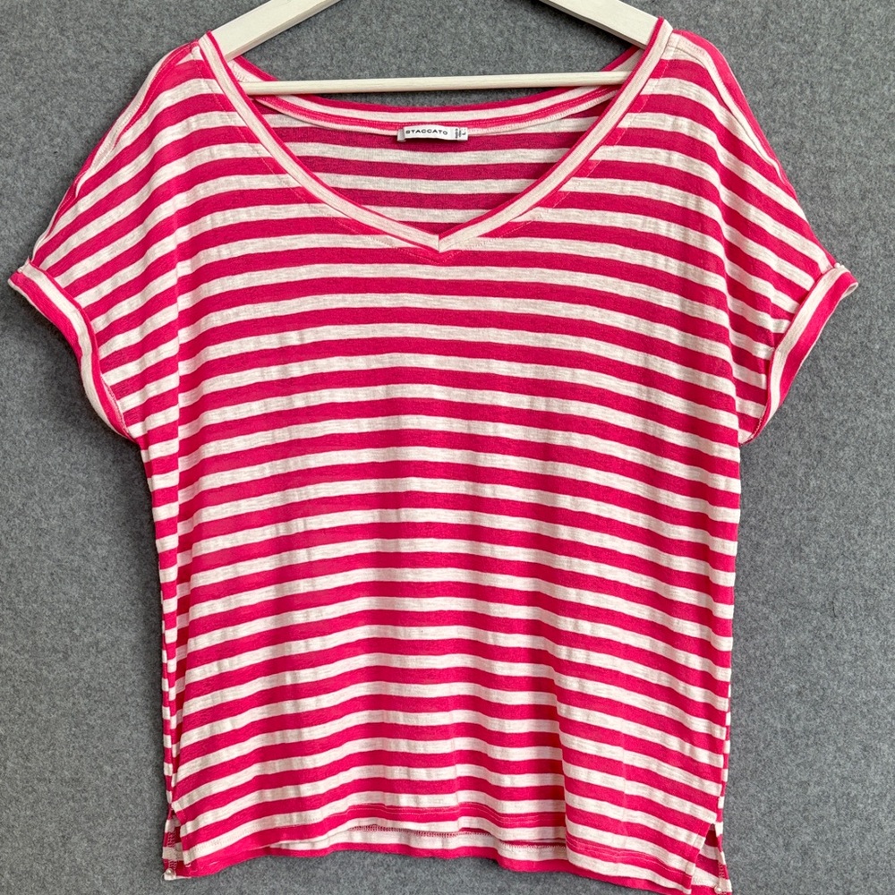 STACCATO V-Neck Short Sleeve Striped Slub Knit Top L Hot Pink - Picture 2 of 10